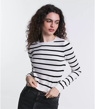 Blusa Em Viscose Listrado Com Punhos E Barra Canelada Branco/Preto