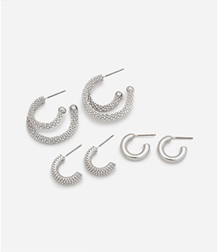 Kit 03 Brincos Argolas Médias Com Texturas Prata