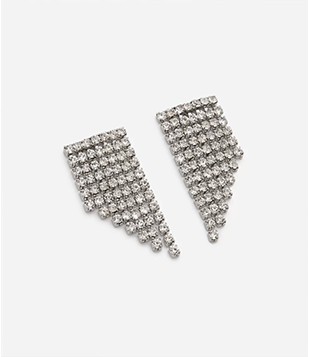 Brinco Com Franja De Strass Diagonal Prata