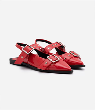 Sapatilha Slingback Em PU Com Fivelas Vermelho