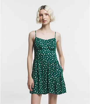 Vestido Curto De Alça Em Viscose Com Franzidos E Flores Estampadas Verde