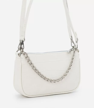 Bolsa Baguete Com Alça De Corrente E Textura Croco Off White