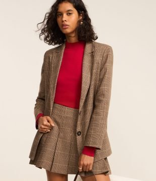 Blazer Oversized em Polivelour Xadrez Príncipe de Gales Marrom