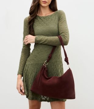 Bolsa Shoulder Grande em Suede com Nó nas Alças Marrom Escuro