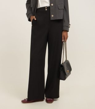 Calça Wide Leg Alfaiatada Cintura Alta com Botões Duplos Preto