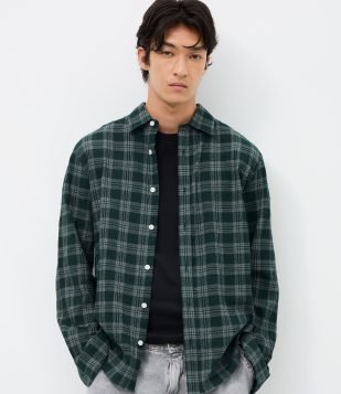 Camisa Manga Longa em Tricoline Xadrez Verde