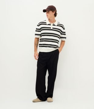 Camiseta Boxy em Tricô Listrado com Gola Polo Branco