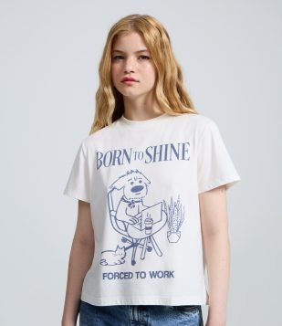 Camiseta em Algodão com Estampa Cachorro Born to Shine Branco