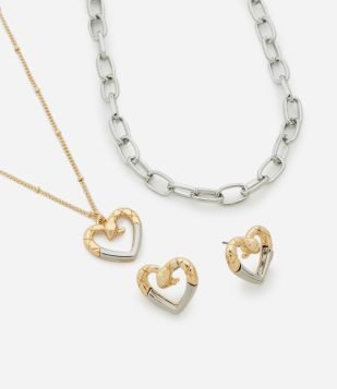 Conjunto de Colar Camadas e Brincos com Pingente de Coração Multicores