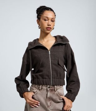 Jaqueta Bomber com Capuz e Bolsos Frontais Marrom