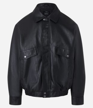 Jaqueta Boxy Vintage em Material Sintético Preto