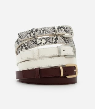 Kit 03 Cintos Finos em PU com Estampa Animal Print Marrom-Branco-Animal Print