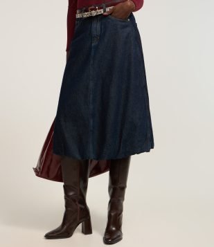 Saia Balonê Midi em Jeans com Bolsos Azul Escuro