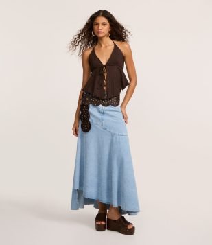 Saia Midi em Jeans Delave com Barra Irregular Azul