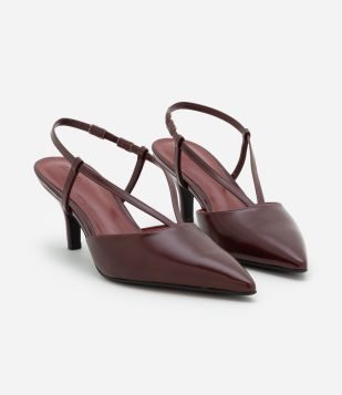 Sapato Scarpin em PU com 2 Tiras Formato em V Vermelho Vinho