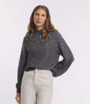 Suéter Em Tricot Com Aplicação De Pedrinhas Cinza