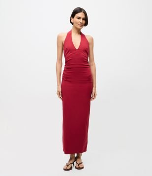 Vestido Midi Frente Única com Decote V Vermelho