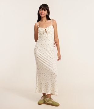 Vestido New Midi com Busto Franzido e Estampa Floral Liberty Bege