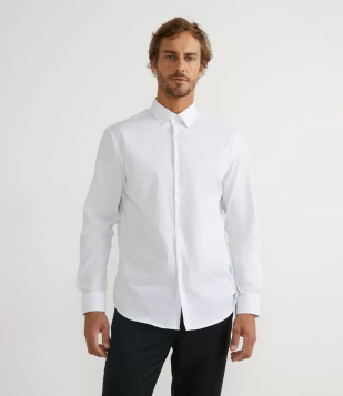 Camisa Regular Social Em Algodão Com Textura De Listras Branco