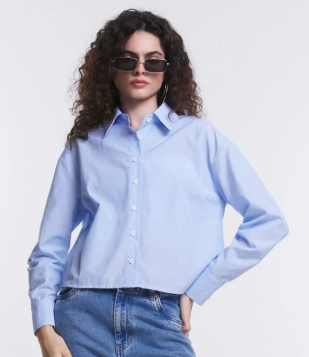 Camisa Cropped Em Alfaiataria Com Botões E Listras Azul