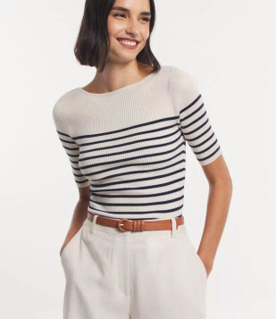 Blusa Em Tricõ Com Textura Canelada E Estampa Listrada Bege