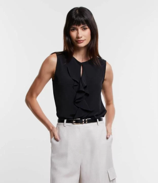 Blusa Sem Manga Em Chiffon Com Babado Jabô Na Gola Preto