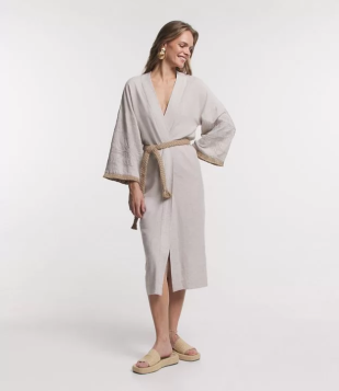 Kimono Em Viscose Com Franjas E Cordão Para Amarração Bege