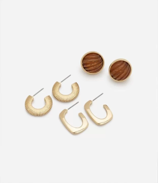 Kit 03 Brincos Em Metal Com Diferentes Formatos Dourado