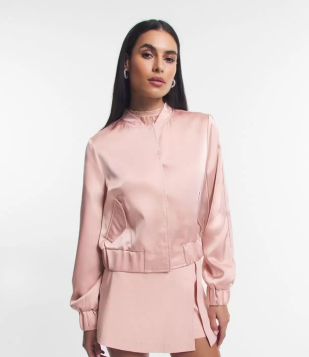 Jaqueta Bomber Acetinada Com Botões De Pressão E Bolsos Rosa