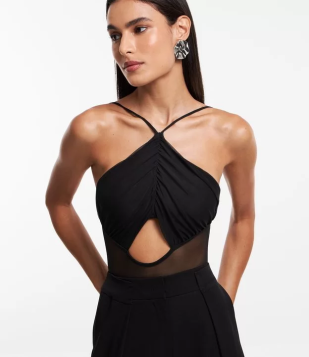 Body Tule Com Decote Halter Com Busto Franzidinho Preto