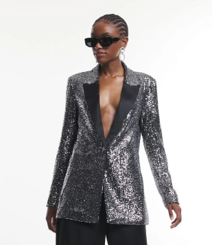 Blazer Longo Em Paetê Metalizado Com Lapela Contrastante Prata