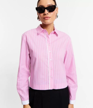 Camisa Cropped Em Tricoline Com Abotoamento E Estampa Listras Rosa/ Branco