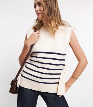 Colete Longo Em Tricô Canelado E Listrado Com Amarrações Bege