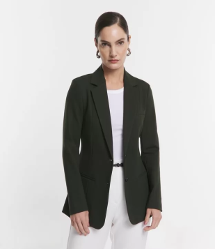 Blazer Alongado Em Ponto Roma Com Bolsos Embutidos Verde Musgo