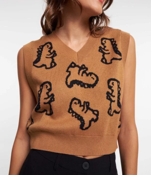 Colete Curto Em Tricô E Estampa Dinossauros Marrom