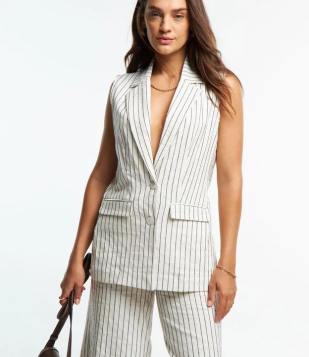 Colete Em Tricoline Com Bolsos Lapela E Estampa Listras Branco