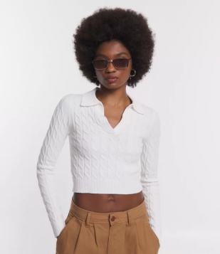 Blusa Em Tricô Com Gola Polo E Textura Branco