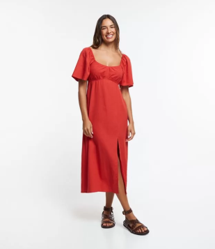 Vestido Midi Em Viscose Com Linho E Lastex Nas Costas Vermelho