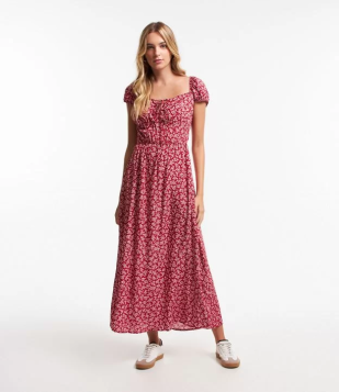 Vestido New Midi Em Viscose Floral Liberty Com Lastex Nas Costas Vermelho