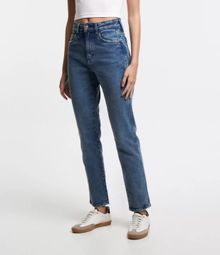 Calça Mom Elastizada Em Jeans Azul