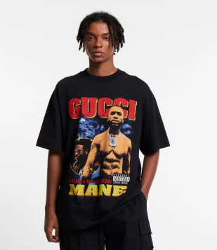 Camiseta Oversized Em Meia Malha Com Estampa Gucci Mane Preto