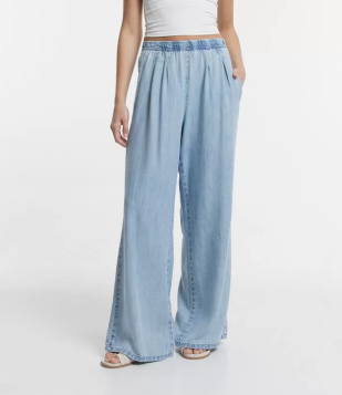 Calça Wide Leg Jeans Com Cós Elástico E Preguinhas Azul
