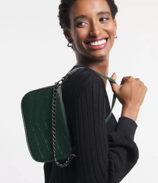 Bolsa Baguete Com Alça De Corrente E Textura Croco Verde