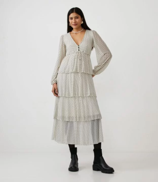 Vestido New Midi Em Tule Com Manga Longa E Estampa Poá Off White