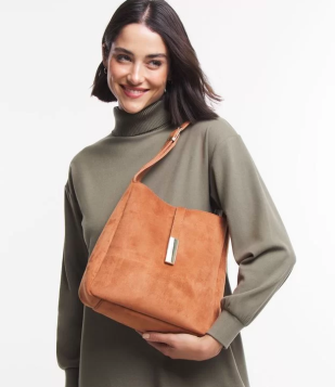 Bolsa Hobo Média Em Suedine Com Locker De Metal Marrom Caramelo