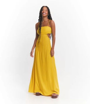 Vestido New Midi Em Linho Com Recorte Vazado E Lastex Nas Costas Amarelo