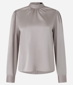 Blusa Acetinada com Gola Padre com Botão no Punho Cinza