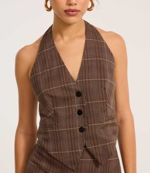 Blusa Colete em Alfaiataria Xadrez Frente Única Marrom