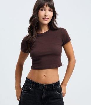Blusa Cropped Manga Curta em Cotton Marrom Escuro