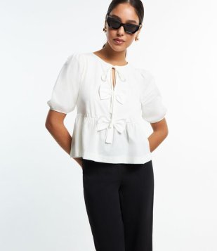 Blusa Em Algodão Com Laços Frontais E Manga Bufante Branco Neve